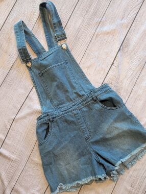 Classic Blue Denim Shortalls with Frayed Hem